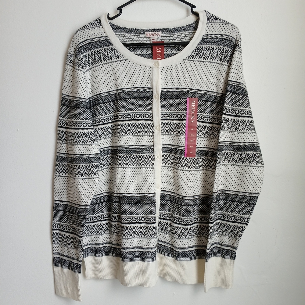 Merona Cardigan Button Up Sweater Long Sleeve Black And White Womens Size XXL